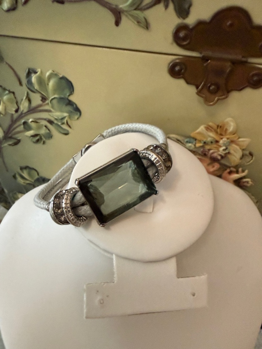 Rectangular Green Crystal Stretch Bracelet with Silver Accents